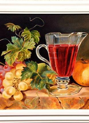 Натюрморт з фруктами і виноградним вином у скляному бокалі. картина маслом на полотні, 40х30 см2 фото