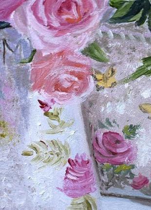 Натюрморт с букетом роз, цветы картина маслом оргалит цветочная живопись подарок6 фото