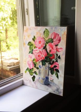Картина маслом 40х50 троянди у вазі3 фото
