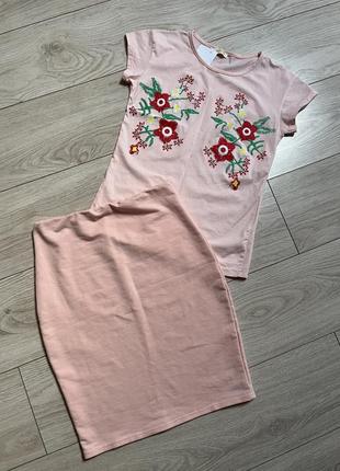 Костюм хлопокая юбка футболка цветочный принт вышиванка пайетки топ оверсайз