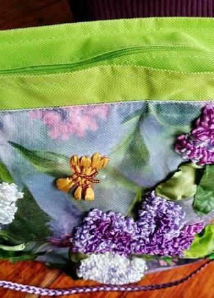 Шикарная сумка "сирень и бабочки", вышитая лентами и бисером, ручная работа8 фото
