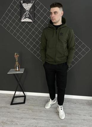 Чоловічій демісезонний спортивний костюм в стилі adidas кофта на змійці хакі + штани2 фото