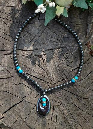 Черное ожерелье с гематита и бирюзы(25 см)