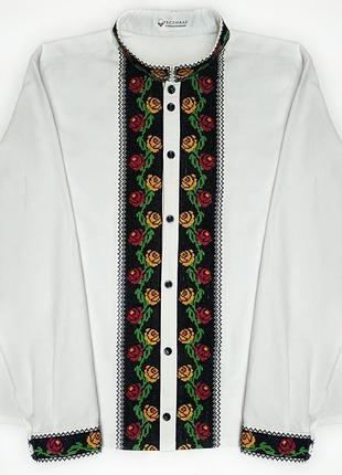 Вышиванка мужская из льна борщаговские розы. сорочка с вишивкой. вышиванка белая с чорной вышивкой