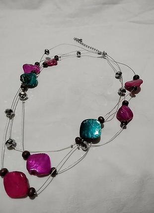 Потрійний чокер, намисто перламутр, скло, дерево