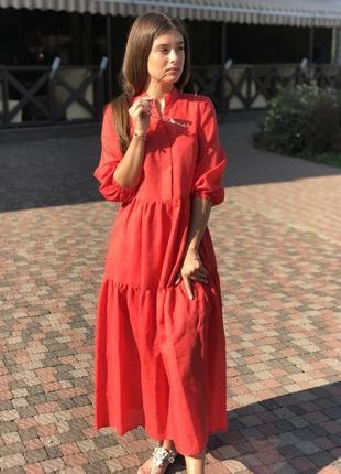 Красное льняное платье со стойкой4 фото