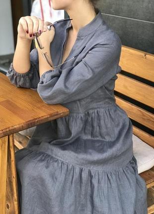 Сіре лляне плаття з v-вирізом (вільний фасон)2 фото