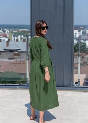 Платье льняное вдоль на пуговицах, цвет зеленый насыщенный2 фото
