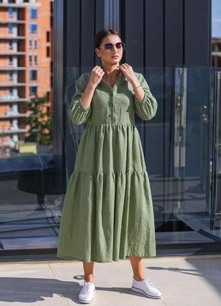 Лляна сукня в оливковому кольорі3 фото