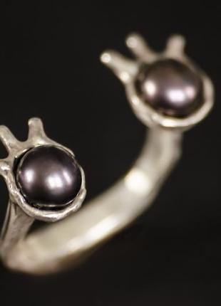 Cеребрянное кольцо с черными жемчужинами, кольцо разъёмное4 фото