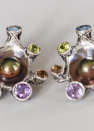 Серебрянные серьги с жемчужиной и натуральными камнями3 фото