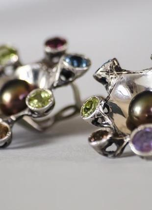 Серебрянные серьги с жемчужиной и натуральными камнями7 фото