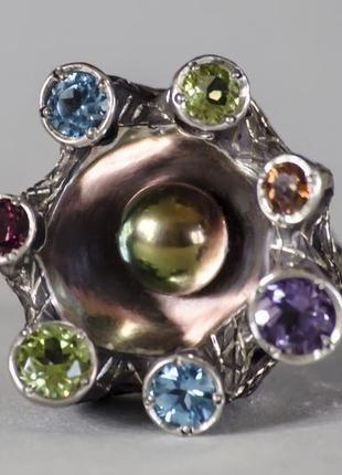 Серебрянное кольцо с жемчужиной и натуральными камнями, массивное яркое кольцо с жемчугом.6 фото