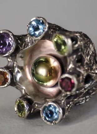 Серебрянное кольцо с жемчужиной и натуральными камнями, массивное яркое кольцо с жемчугом.2 фото