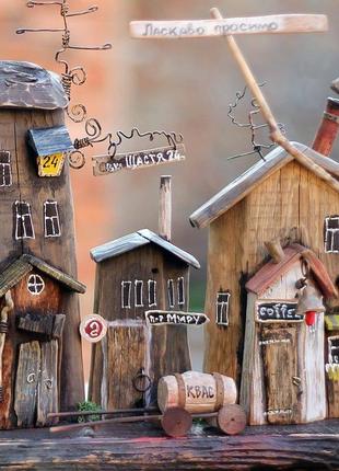 Wooden decor for home wall keyholder "city of cats" old city wooden houses kh-1285 фото