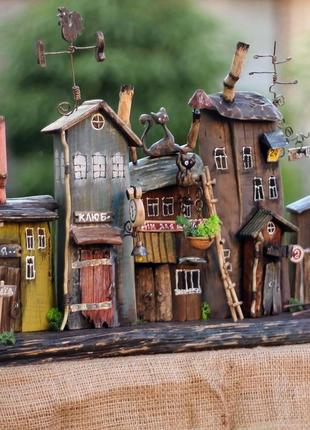 Wooden decor for home wall keyholder "city of cats" old city wooden houses kh-1282 фото