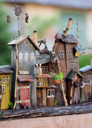 Wooden decor for home wall keyholder "city of cats" old city wooden houses kh-1284 фото