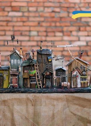 Wooden decor for home wall keyholder "city of cats" old city wooden houses kh-128