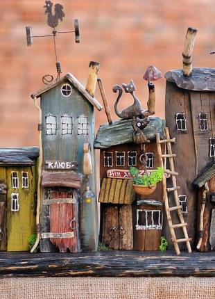 Wooden decor for home wall keyholder "city of cats" old city wooden houses kh-1286 фото