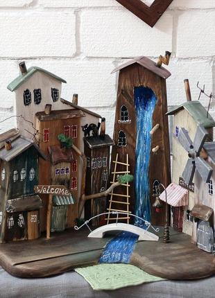Wooden keyholder "city of dolls" old wood houses mill moss hd-375 фото