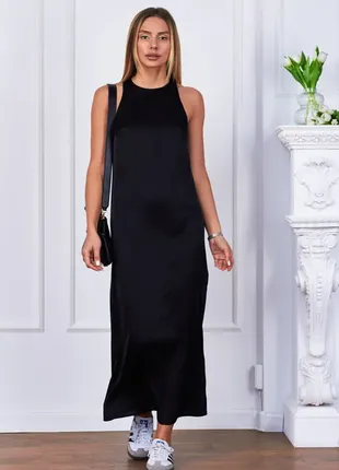Міді шовкова чорна сукня з високим розрізом довга сукня з шовку