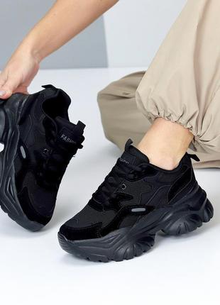 Трендовые комбинированные черные кроссовки сникерсы на платформе5 фото