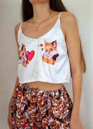 Жіноча шовкова піжама з лисичками , топ і шорти , подарунок дівчині, сестрі, подрузі