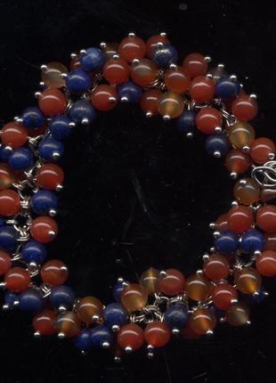 Браслет "гроздя" на пінах — натуральний жовтогарячий сердолик і лазурит, довжина регульована1 фото