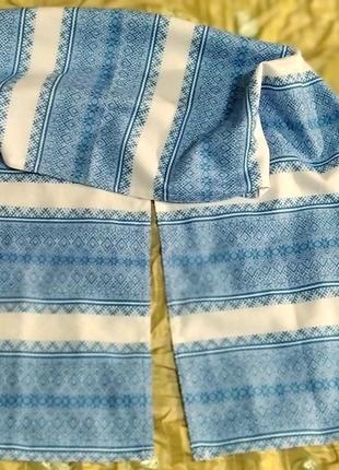 Рушник тканый вышитый, белый с голубым орнаментом n 121 фото