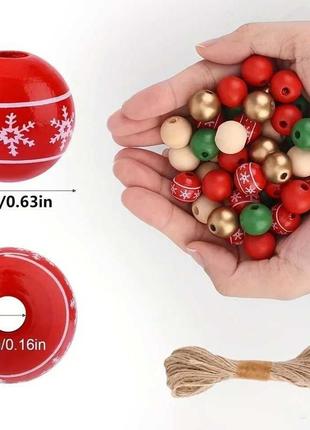 Стильные и яркие деревянные бусины-снежинки для праздничного декора 50 шт+нить 10м