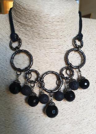 Дизайнерське намисто з натуральними каменями(лава, чорний агат) "black bubbles"🖤💨5 фото