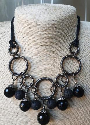 Дизайнерське намисто з натуральними каменями(лава, чорний агат) "black bubbles"🖤💨3 фото