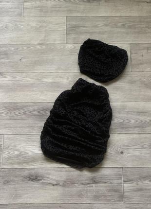 Черный комплект в принт топ бандо юбка с драпировкой1 фото