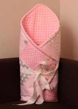Розовый детский плед, конверт на выписку в стиле пэчворк. теплый плед в коляску из плюша минки.