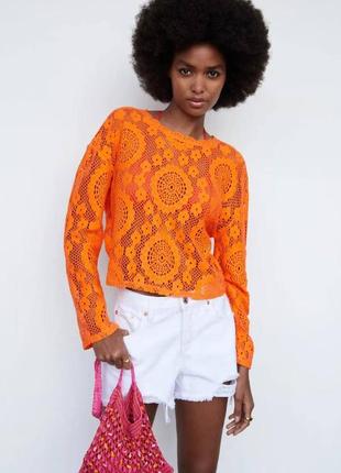 Блуза mango оранжевая кружевная1 фото