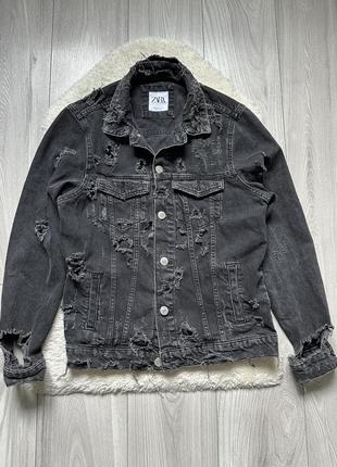 Джинсовая куртка рваная черная джинсовка с потертостями1 фото