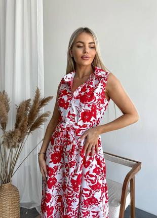 Модна жіноча сукня міді у квітковий прінт червона новинка 2024