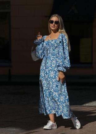 Модна жіноча сукня міді у квітковий прінт синя новинка 20246 фото