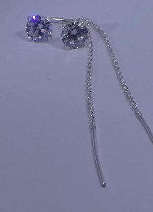 Новые серебряные серьги-протяжки со вставками циркония 7мм