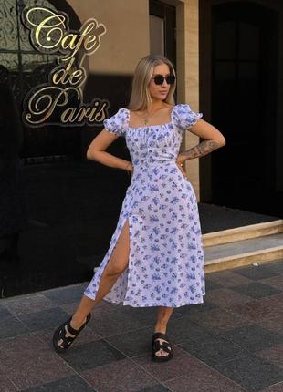 Модна жіноча сукня міді прінт блакитна новинка 2024