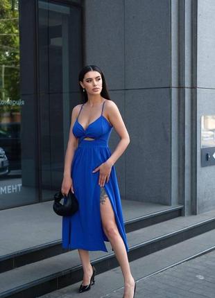 Модна жіноча сукня літня з розрізом  синя новинка 2024