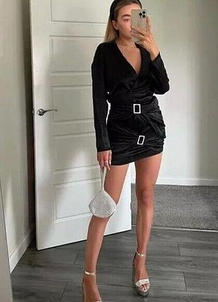 Сатинова міні сукня плаття zara р. s, чорне, на довгий рукав