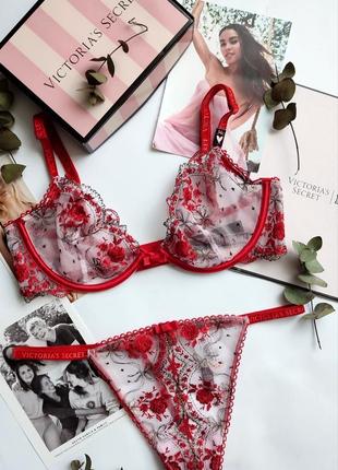 Комплект белья victoria's secret original 34c m 38 75c ажурный с вышивкой2 фото