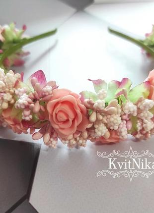 Нежно персиковый веночек из роз фоамирана на фотосессию, день рождения или на каждый день3 фото