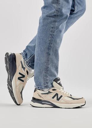 Чоловічі кросівки в стилі new balance 990 v3 нью беленс / демісезонні / весняні, літні, осінні / замша, сітка / білі, сірі, чорні, бежеві