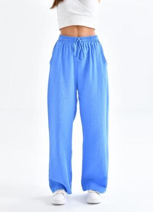 Штани жіночі блакитні широкі лляні на резинці