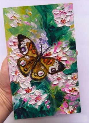 Картина маслом "бабочка в вишневом цвете"5 фото