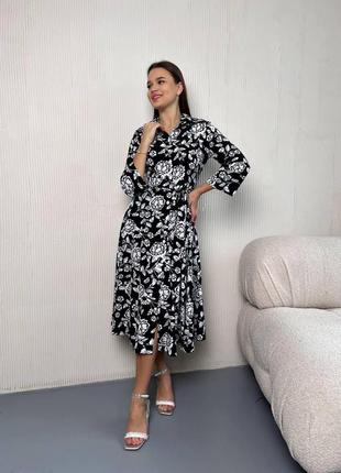 Модна жіноча сукня міді у квітковий прінт біло-чорна  новинка 20249 фото