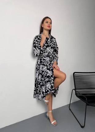 Модна жіноча сукня міді у квітковий прінт біло-чорна  новинка 20242 фото