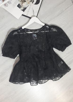 Черная блуза с цветочным принтом primark/черная блуза с объемными рукавами